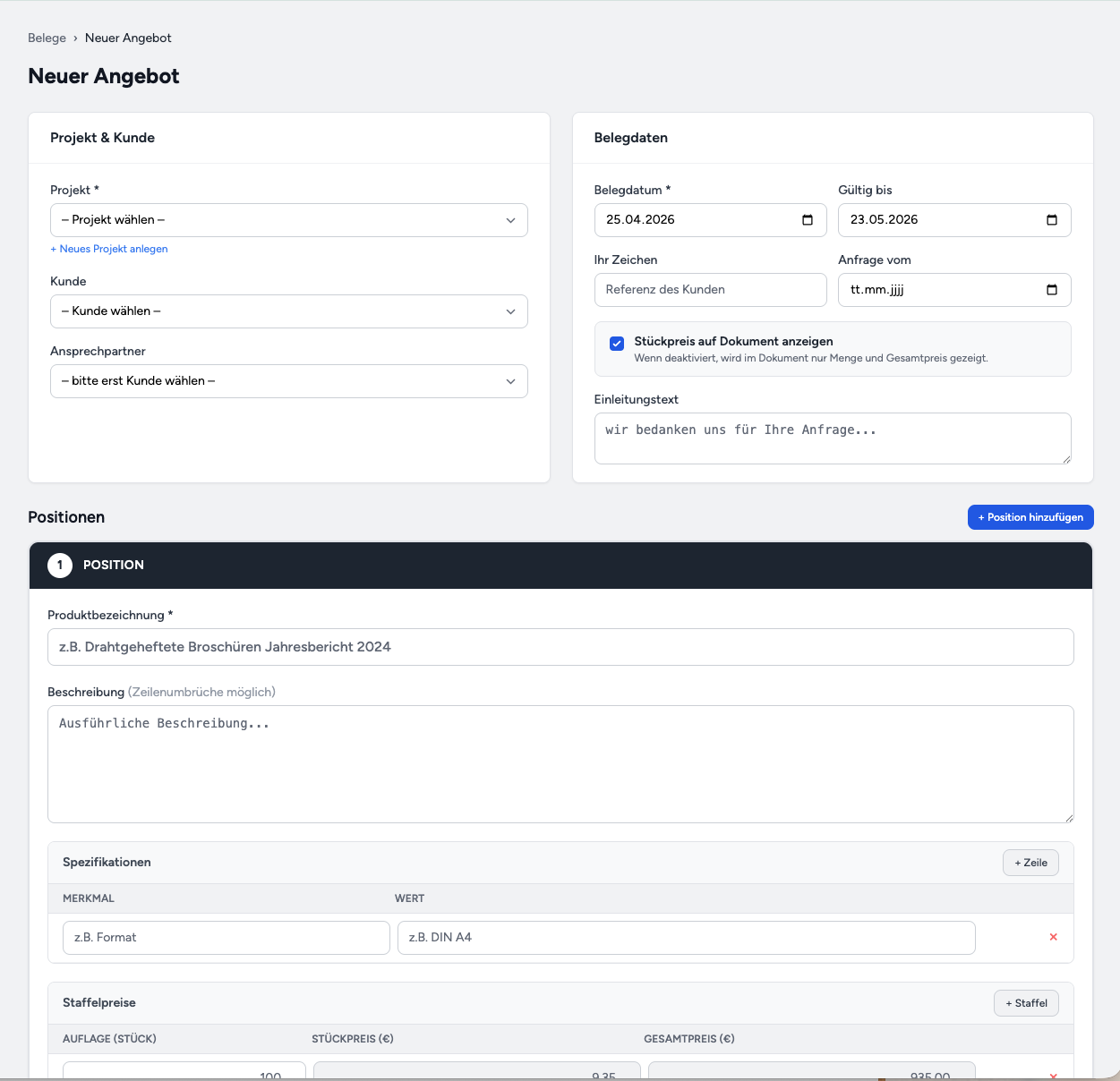 Druck Manager Angebotserstellung mit Positionen, Spezifikationen und Staffelpreisen