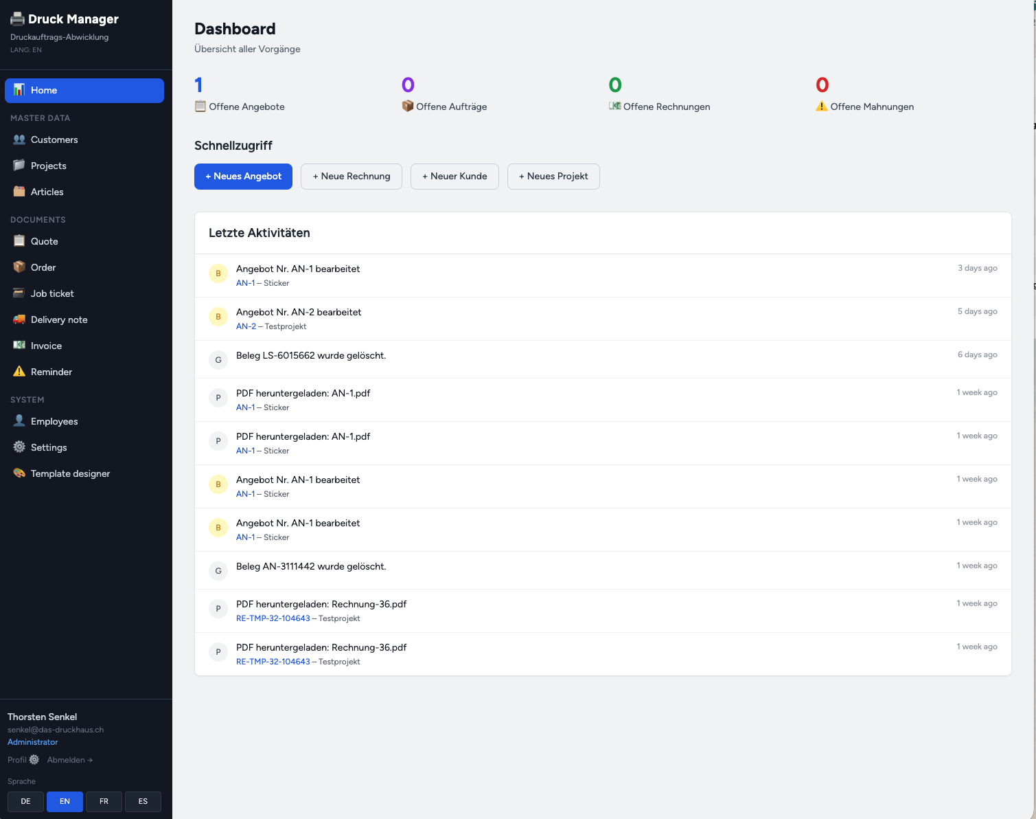 Druck Manager Dashboard mit Übersicht offener Angebote, Aufträge, Rechnungen und Mahnungen