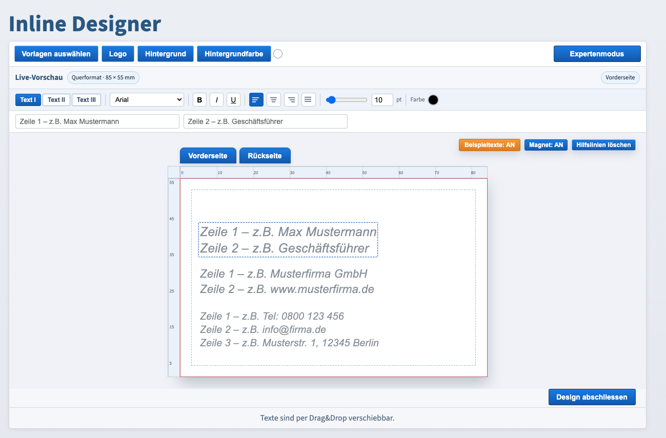 Inline Designer – Browser-basierter Visitenkarten- und Druckprodukt-Designer mit Drag and Drop
